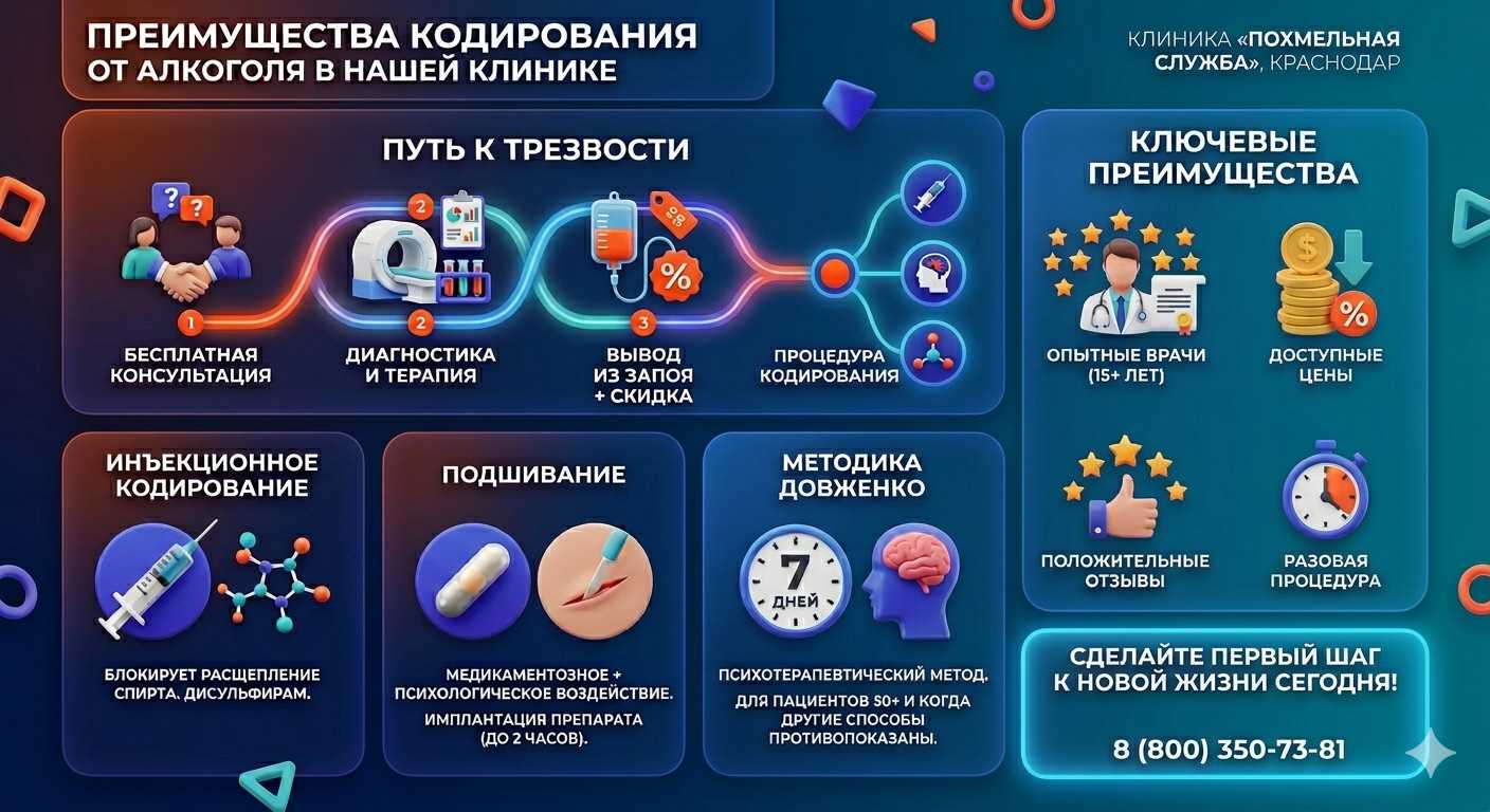 Инфографика о методах кодирования от алкоголя в Таксимо: инъекции, подшивание, метод Довженко. Преимущества клиники и этапы лечения.